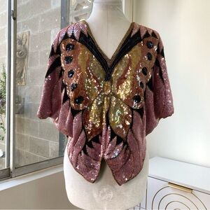 Vintage Silk Sequin Butterfly Hand-Beaded Art Deco Glam Top Pink & Gold, Size M